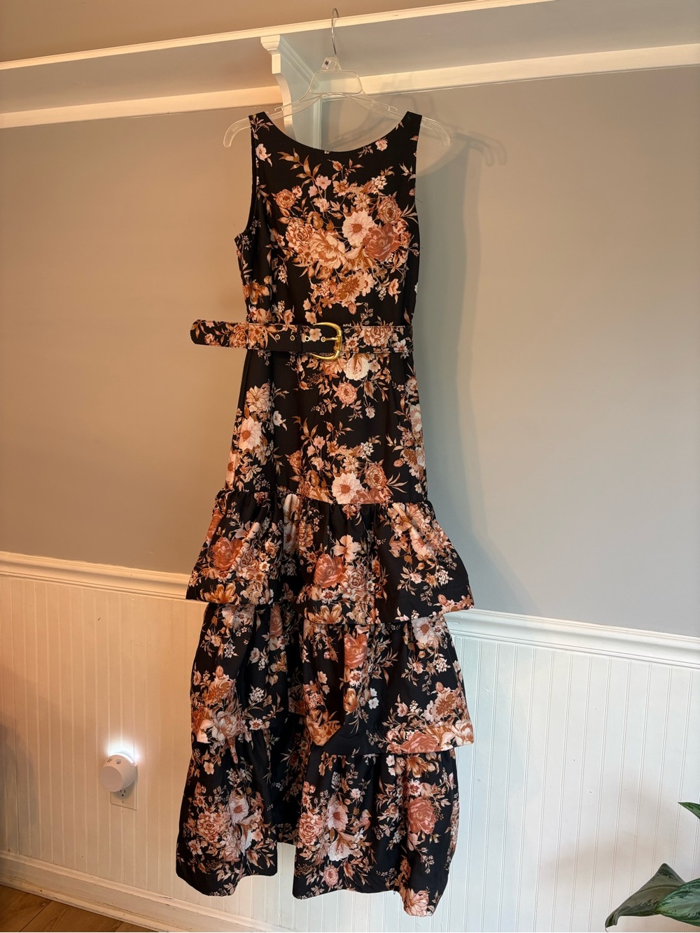 Ina Black Maxi Dress with Rust and Cream Floral Print and Belt